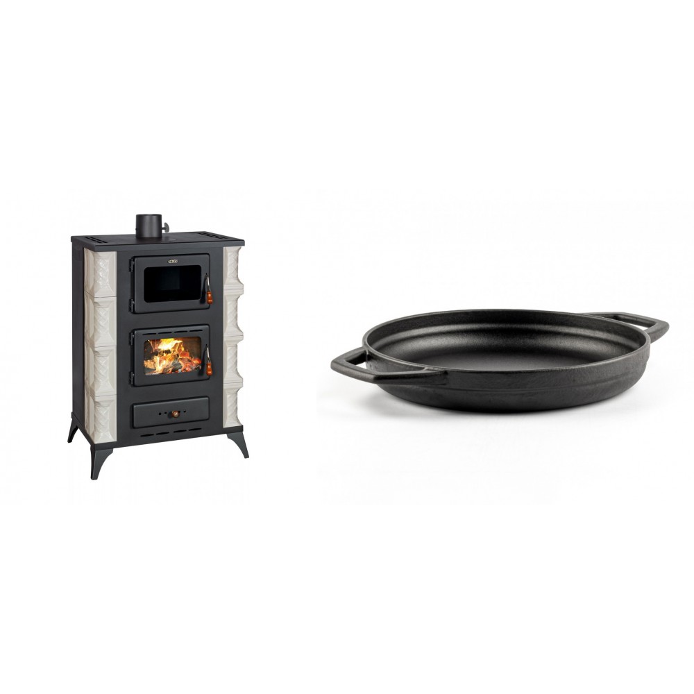 Set Kaminofen, Holzofen mit Backfach Prity, Modell F RK Dantela, 12kW + Emaillierte gusseisenpfanne mit zwei Griffen Solagio, Black Onyx, Ф22cm | Holzofen | Kaminofen |