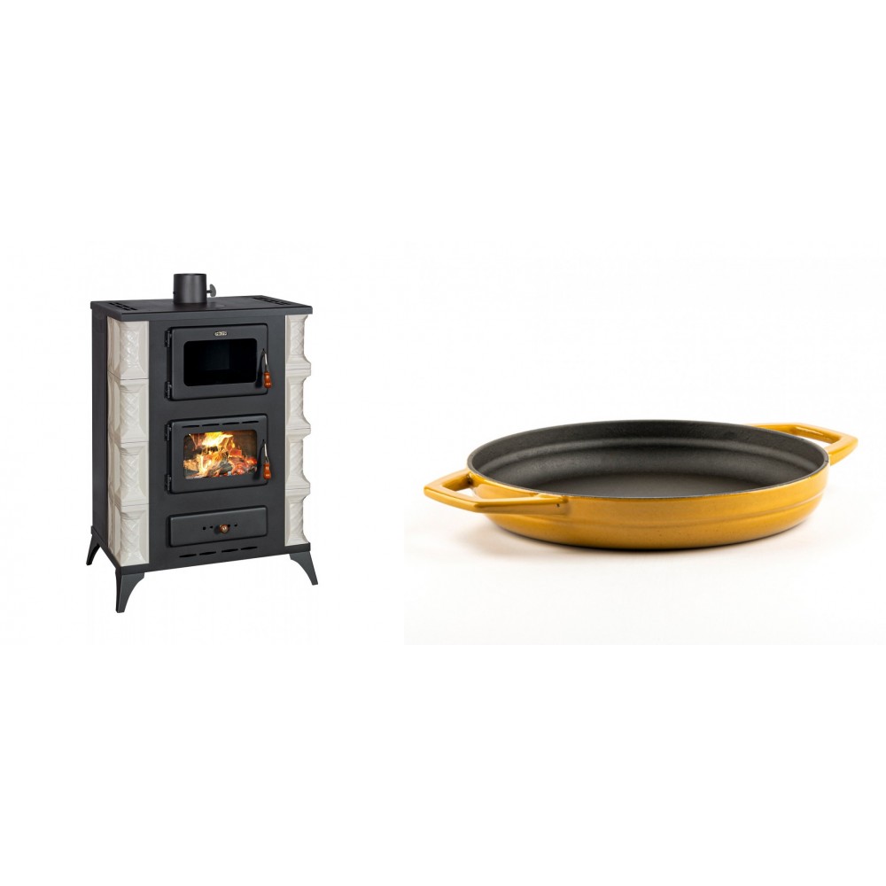 Set Kaminofen, Holzofen mit Backfach Prity, Modell F RK Dantela, 12kW + Emaillierte gusseisenpfanne mit zwei Griffen Solagio, Dijon, Ф22cm | Holzofen | Kaminofen |