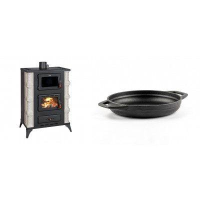 Set Kaminofen, Holzofen mit Backfach Prity, Modell F RK Dantela, 12kW + Emaillierte gusseisenpfanne mit zwei Griffen Solagio, Black Onyx, Ф19cm - Kaminofen - Holzofen mit Backfach