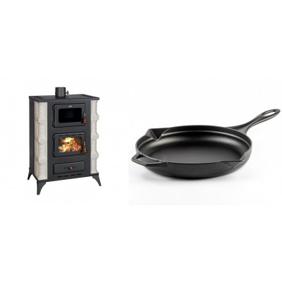 Set Kaminofen, Holzofen mit Backfach Prity, Modell F RK Dantela, 12kW + Emaillierte Gusseisenpfanne Solagio, Black Onyx, Ф28cm - Kaminofen - Holzofen mit Backfach