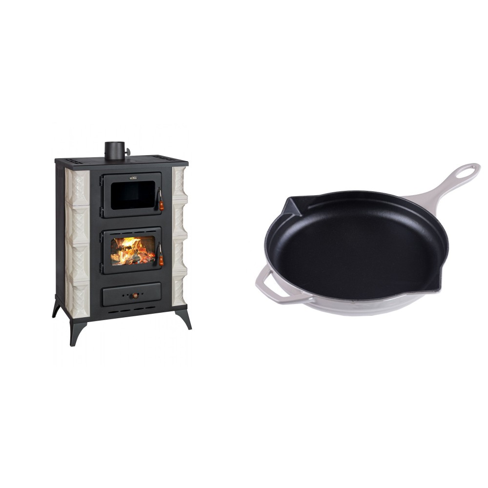 Set Kaminofen, Holzofen mit Backfach Prity, Modell F RK Dantela, 12kW + Emaillierte Gusseisenpfanne Solagio, Ivory, Ф28cm