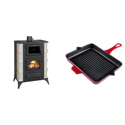 Set Kaminofen, Holzofen mit Backfach Prity, Modell F RK Dantela, 12kW + Emaillierte grillpfanne Gusseisen Solagio, Rubin, 26x32cm - Kaminofen - Holzofen mit Backfach