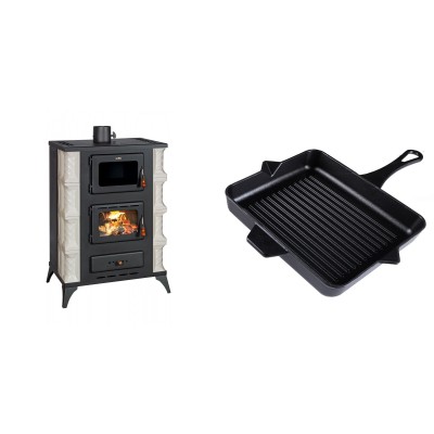 Set Kaminofen, Holzofen mit Backfach Prity, Modell F RK Dantela, 12kW + Emaillierte grillpfanne Gusseisen Solagio, Black Onyx, 26x32cm - Kaminofen - Holzofen mit Backfach