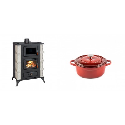Set Kaminofen, Holzofen mit Backfach Prity, Modell F RK Dantela, 12kW + Gusseisen Topf Tiefer Solagio, Rubin, Ф12 - Kaminofen - Holzofen mit Backfach