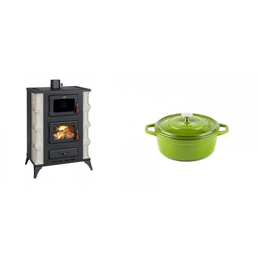 Set Kaminofen, Holzofen mit Backfach Prity, Modell F RK Dantela, 12kW + Gusseisen Topf Tiefer Solagio, Bamboo, Ф12