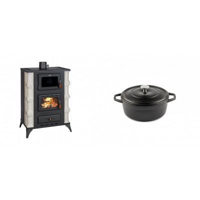 Set Kaminofen, Holzofen mit Backfach Prity, Modell F RK Dantela, 12kW + Gusseisen Topf Tiefer Solagio, Black Onyx, Ф12 - Kaminofen - Holzofen mit Backfach