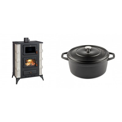 Set Kaminofen, Holzofen mit Backfach Prity, Modell F RK Dantela, 12kW + Gusseisen Topf Tiefer Solagio, Black Onyx, Ф24 - Kaminofen - Holzofen mit Backfach