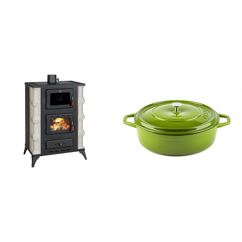 Set Kaminofen, Holzofen mit Backfach Prity, Modell F RK Dantela, 12kW + Gusseisen Topf Flach Solagio, Bamboo, Ф26 | Holzofen | Kaminofen |