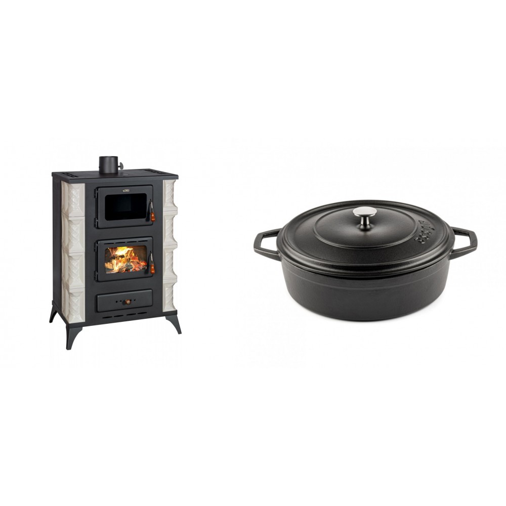 Set Kaminofen, Holzofen mit Backfach Prity, Modell F RK Dantela, 12kW + Gusseisen Topf Flach Solagio, Black Onyx, Ф26