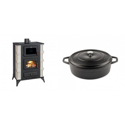 Set Kaminofen, Holzofen mit Backfach Prity, Modell F RK Dantela, 12kW + Gusseisen Topf Flach Solagio, Black Onyx, Ф26 - Kaminofen - Holzofen mit Backfach