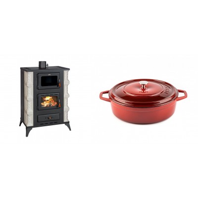 Set Kaminofen, Holzofen mit Backfach Prity, Modell F RK Dantela, 12kW + Gusseisen Topf Flach Solagio, Rubin, Ф26 - Kaminofen - Holzofen mit Backfach