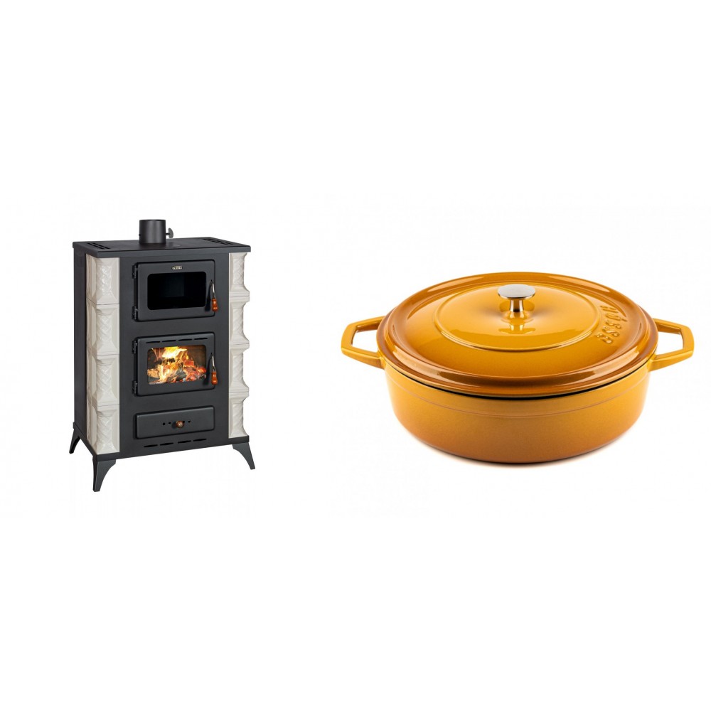 Set Kaminofen, Holzofen mit Backfach Prity, Modell F RK Dantela, 12kW + Gusseisen Topf Flach Solagio, Dijon, Ф28