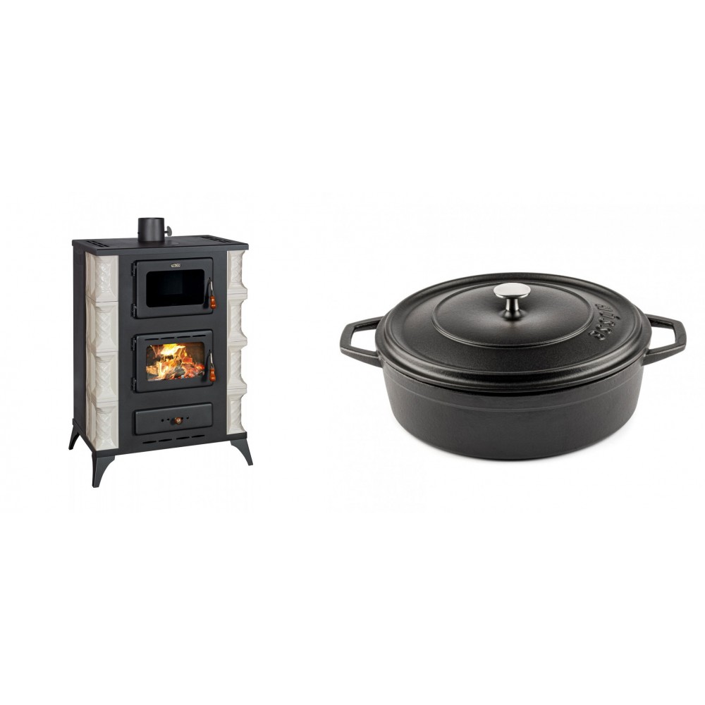 Set Kaminofen, Holzofen mit Backfach Prity, Modell F RK Dantela, 12kW + Gusseisen Topf Flach Solagio, Black Onyx, Ф28