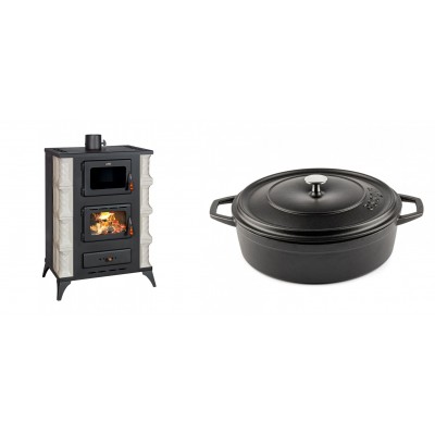 Set Kaminofen, Holzofen mit Backfach Prity, Modell F RK Dantela, 12kW + Gusseisen Topf Flach Solagio, Black Onyx, Ф28 - Kaminofen - Holzofen mit Backfach