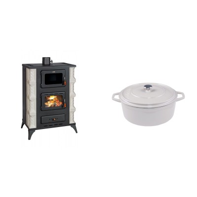 Set Kaminofen, Holzofen mit Backfach Prity, Modell F RK Dantela, 12kW + Gusseisen Topf Tiefer Solagio, Ivory, Ф20 - Kaminofen - Holzofen mit Backfach