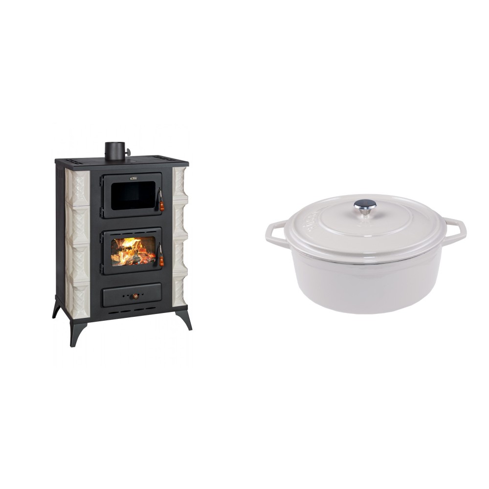 Set Kaminofen, Holzofen mit Backfach Prity, Modell F RK Dantela, 12kW + Gusseisen Topf Tiefer Solagio, Ivory, Ф24 | Holzofen | Kaminofen |