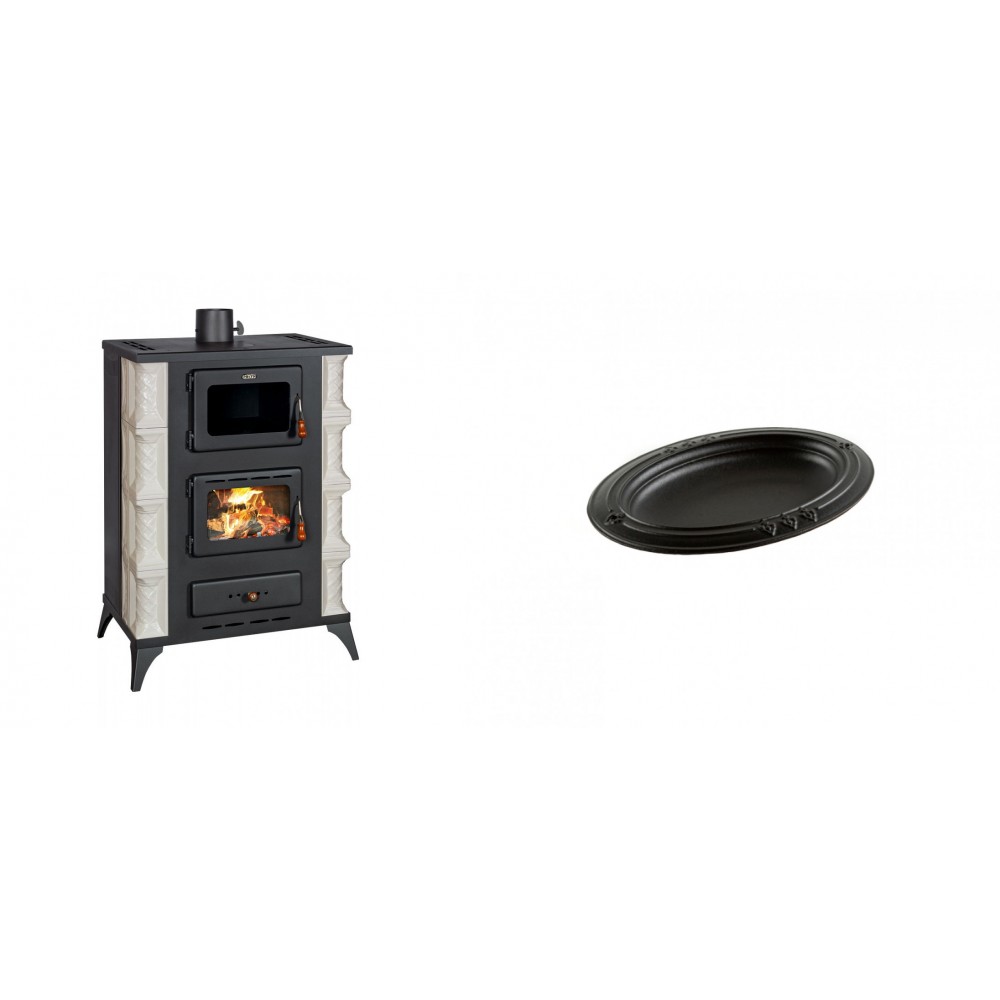 Set Kaminofen, Holzofen mit Backfach Prity, Modell F RK Dantela, 12kW + Gusseiserne auflaufform Solagio oval, 17x28cm