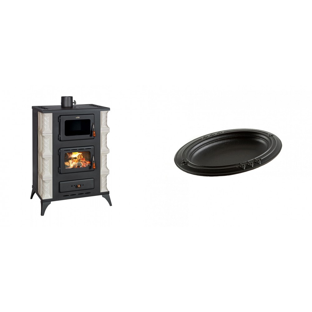 Set Kaminofen, Holzofen mit Backfach Prity, Modell F RK Dantela, 12kW + Gusseiserne auflaufform Solagio oval, 25x33cm