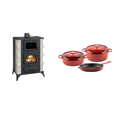 Set Kaminofen, Holzofen mit Backfach Prity, Modell F RK Dantela, 12kW + Gusseisen Topf Set aus 3 teilen Solagio, Rubin - Kaminofen - Holzofen mit Backfach
