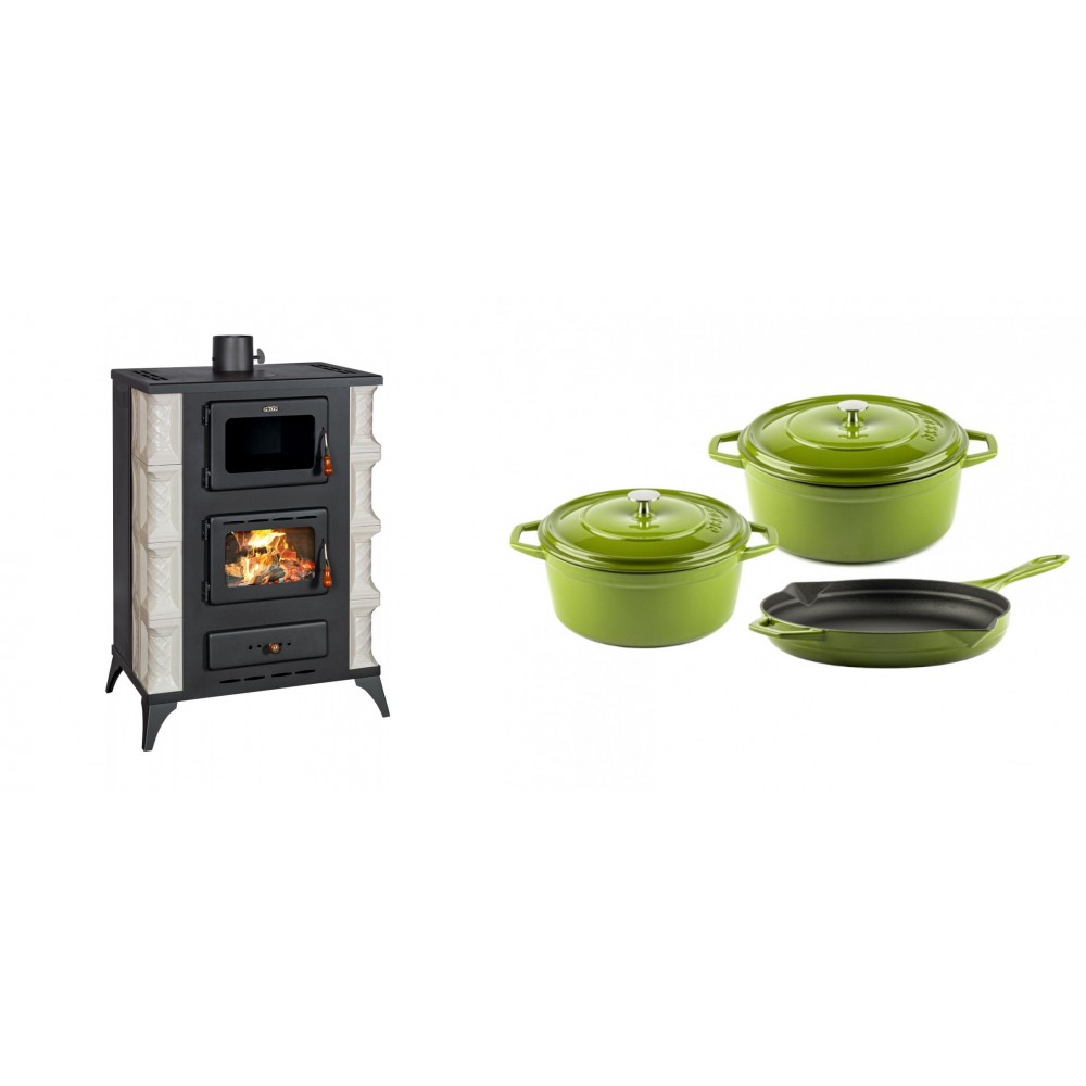 Set Kaminofen, Holzofen mit Backfach Prity, Modell F RK Dantela, 12kW + Gusseisen Topf Set aus 3 teilen Solagio, Bamboo | Holzofen | Kaminofen |