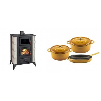 Set Kaminofen, Holzofen mit Backfach Prity, Modell F RK Dantela, 12kW + Gusseisen Topf Set aus 3 teilen Solagio, Dijon - Kaminofen - Holzofen mit Backfach