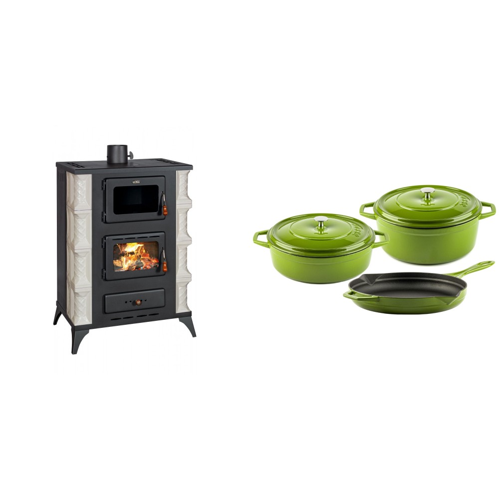 Set Kaminofen, Holzofen mit Backfach Prity, Modell F RK Dantela, 12kW + Gusseisen Topf Set aus 3 teilen Solagio, Bamboo