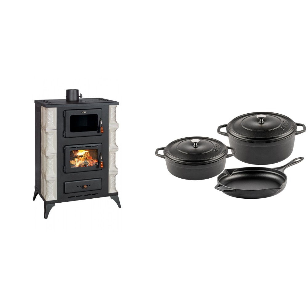 Set Kaminofen, Holzofen mit Backfach Prity, Modell F RK Dantela, 12kW + Gusseisen Topf Set aus 3 teilen Solagio, Black Onyx