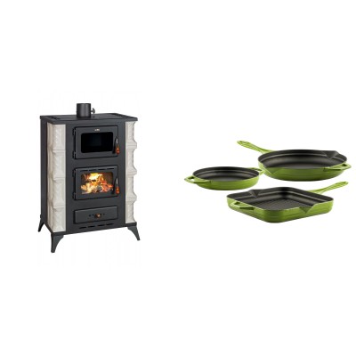 Set Kaminofen, Holzofen mit Backfach Prity, Modell F RK Dantela, 12kW + Gusseisen Topf Set aus 3 teilen Solagio, Bamboo - Kaminofen - Holzofen mit Backfach