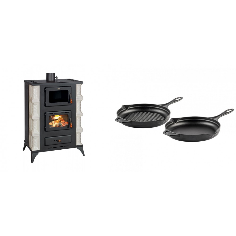 Set Kaminofen, Holzofen mit Backfach Prity, Modell F RK Dantela, 12kW + Gusseisen Topf Set aus 2 teilen Solagio, Black Onyx