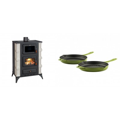 Set Kaminofen, Holzofen mit Backfach Prity, Modell F RK Dantela, 12kW + Gusseisen Topf Set aus 2 teilen Solagio, Bamboo - Kaminofen - Holzofen mit Backfach