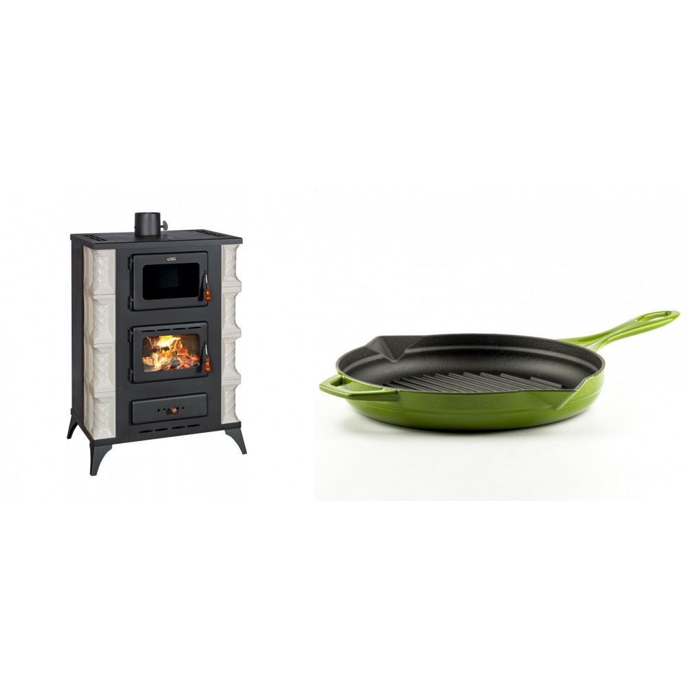 Set Kaminofen, Holzofen mit Backfach Prity, Modell F RK, 12kW + Emaillierte grillpfanne Gusseisen Solagio, Bamboo, Ф28cm