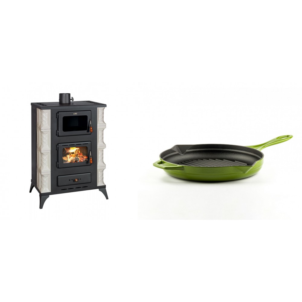 Set Kaminofen, Holzofen mit Backfach Prity, Modell F RK, 12kW + Emaillierte grillpfanne Gusseisen Solagio, Bamboo, Ф24cm