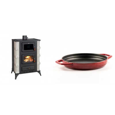 Set Kaminofen, Holzofen mit Backfach Prity, Modell F RK, 12kW + Emaillierte gusseisenpfanne mit zwei Griffen Solagio, Rubin, Ф22cm - Kaminofen - Holzofen mit Backfach