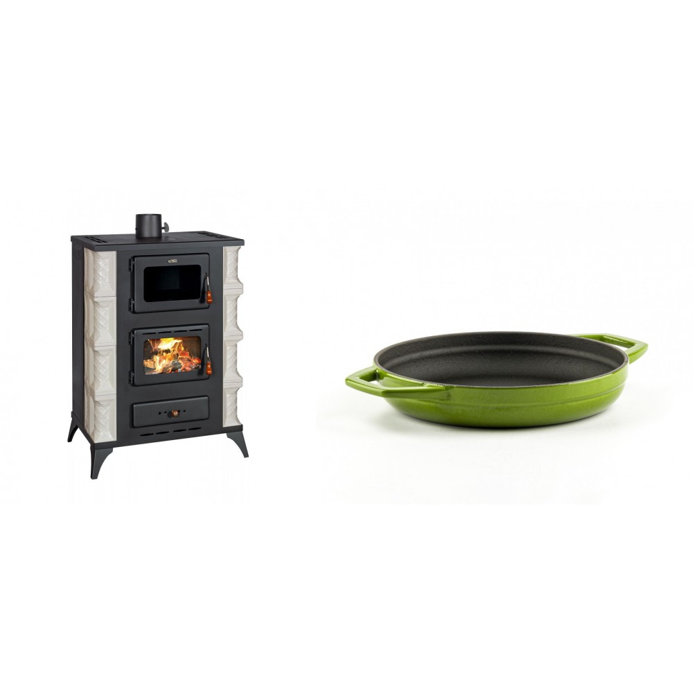 Set Kaminofen, Holzofen mit Backfach Prity, Modell F RK, 12kW + Emaillierte gusseisenpfanne mit zwei Griffen Solagio, Bamboo, Ф19cm