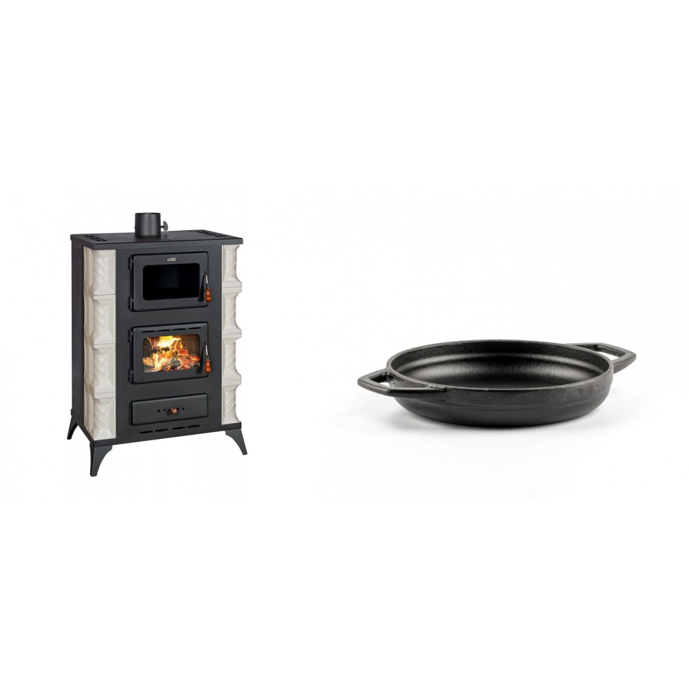 Set Kaminofen, Holzofen mit Backfach Prity, Modell F RK, 12kW + Emaillierte gusseisenpfanne mit zwei Griffen Solagio, Black Onyx, Ф16cm | Holzofen | Kaminofen |