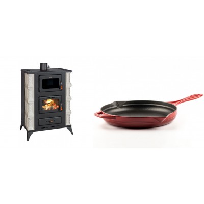 Set Kaminofen, Holzofen mit Backfach Prity, Modell F RK, 12kW + Emaillierte Gusseisenpfanne Solagio, Rubin, Ф28cm - Kaminofen - Holzofen mit Backfach