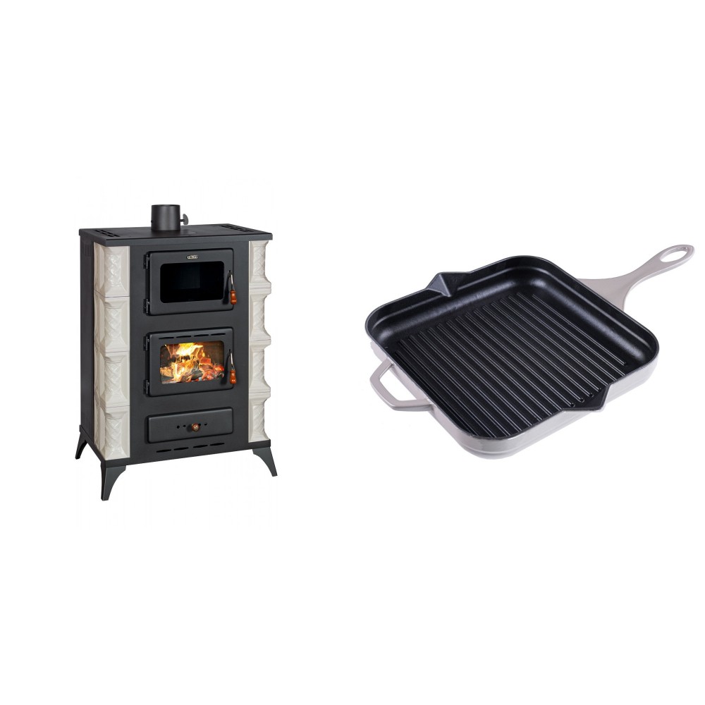 Set Kaminofen, Holzofen mit Backfach Prity, Modell F RK, 12kW + Emaillierte grillpfanne Gusseisen Solagio, Ivory, 28x28cm | Holzofen | Kaminofen |
