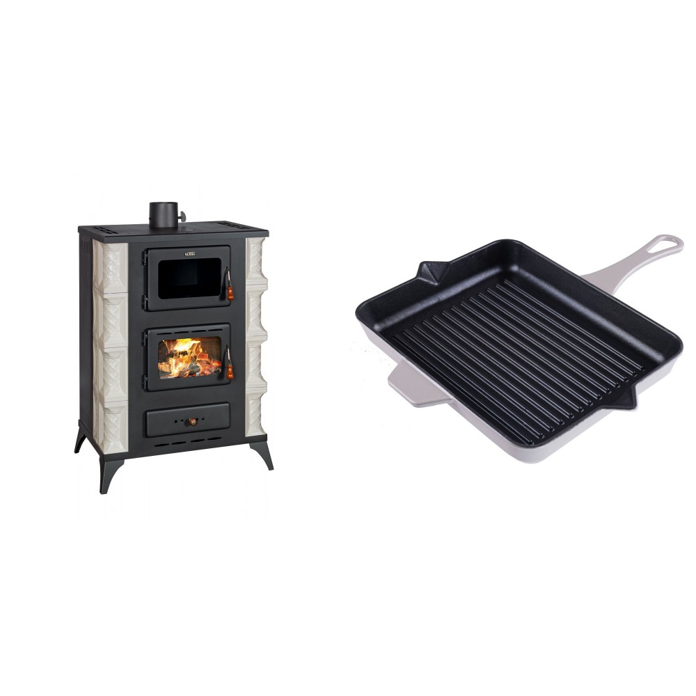 Set Kaminofen, Holzofen mit Backfach Prity, Modell F RK, 12kW + Emaillierte grillpfanne Gusseisen Solagio, Ivory, 26x32cm