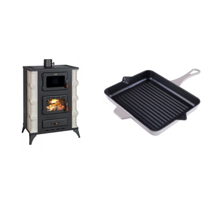 Set Kaminofen, Holzofen mit Backfach Prity, Modell F RK, 12kW + Emaillierte grillpfanne Gusseisen Solagio, Ivory, 26x32cm - Kaminofen - Holzofen mit Backfach