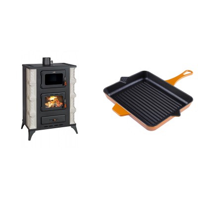 Set Kaminofen, Holzofen mit Backfach Prity, Modell F RK, 12kW + Emaillierte grillpfanne Gusseisen Solagio, Dijon, 26x32cm - Kaminofen - Holzofen mit Backfach