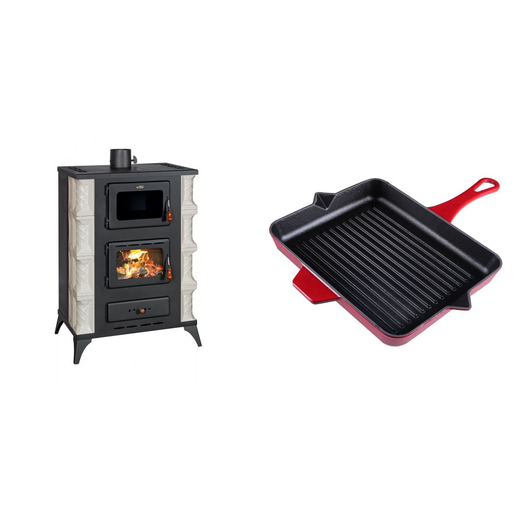 Set Kaminofen, Holzofen mit Backfach Prity, Modell F RK, 12kW + Emaillierte grillpfanne Gusseisen Solagio, Rubin, 26x32cm | Holzofen | Kaminofen |