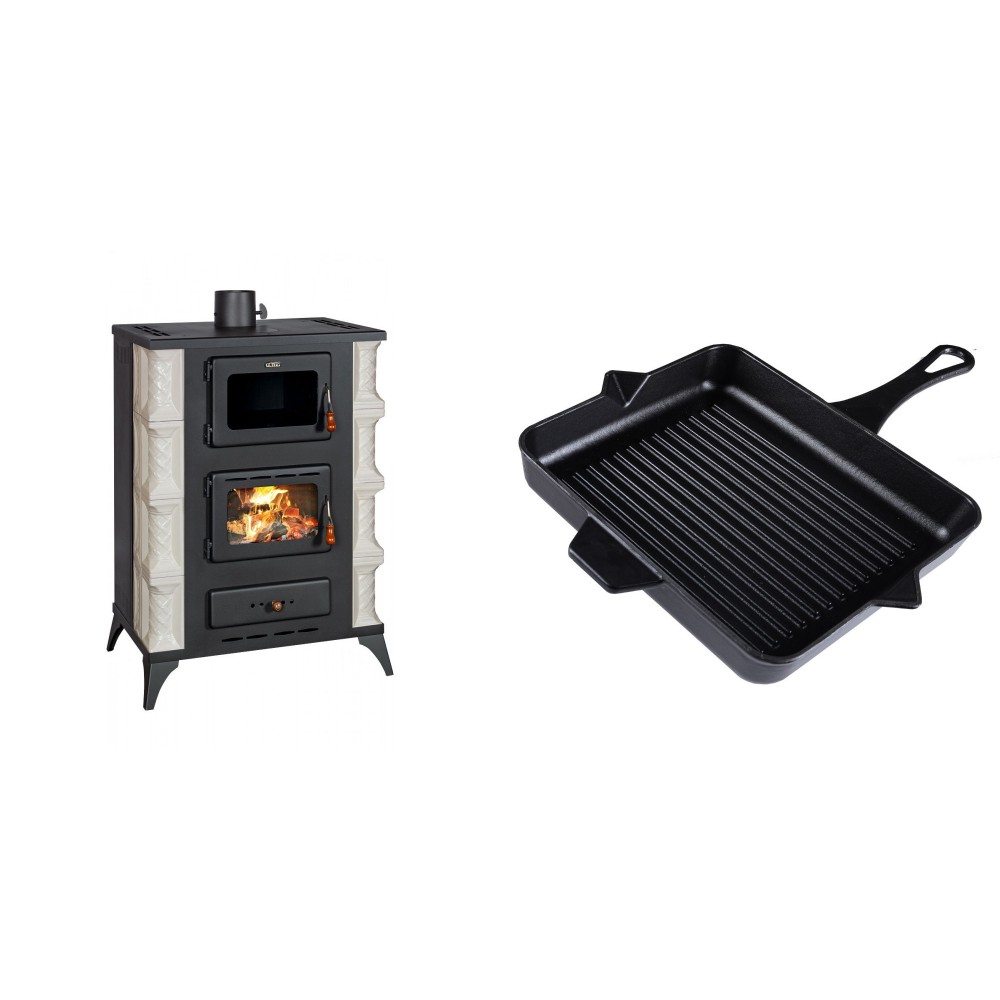 Set Kaminofen, Holzofen mit Backfach Prity, Modell F RK, 12kW + Emaillierte grillpfanne Gusseisen Solagio, Black Onyx, 26x32cm