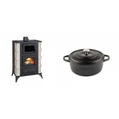 Set Kaminofen, Holzofen mit Backfach Prity, Modell F RK, 12kW + Gusseisen Topf Tiefer Solagio, Black Onyx, Ф20 - Kaminofen - Holzofen mit Backfach