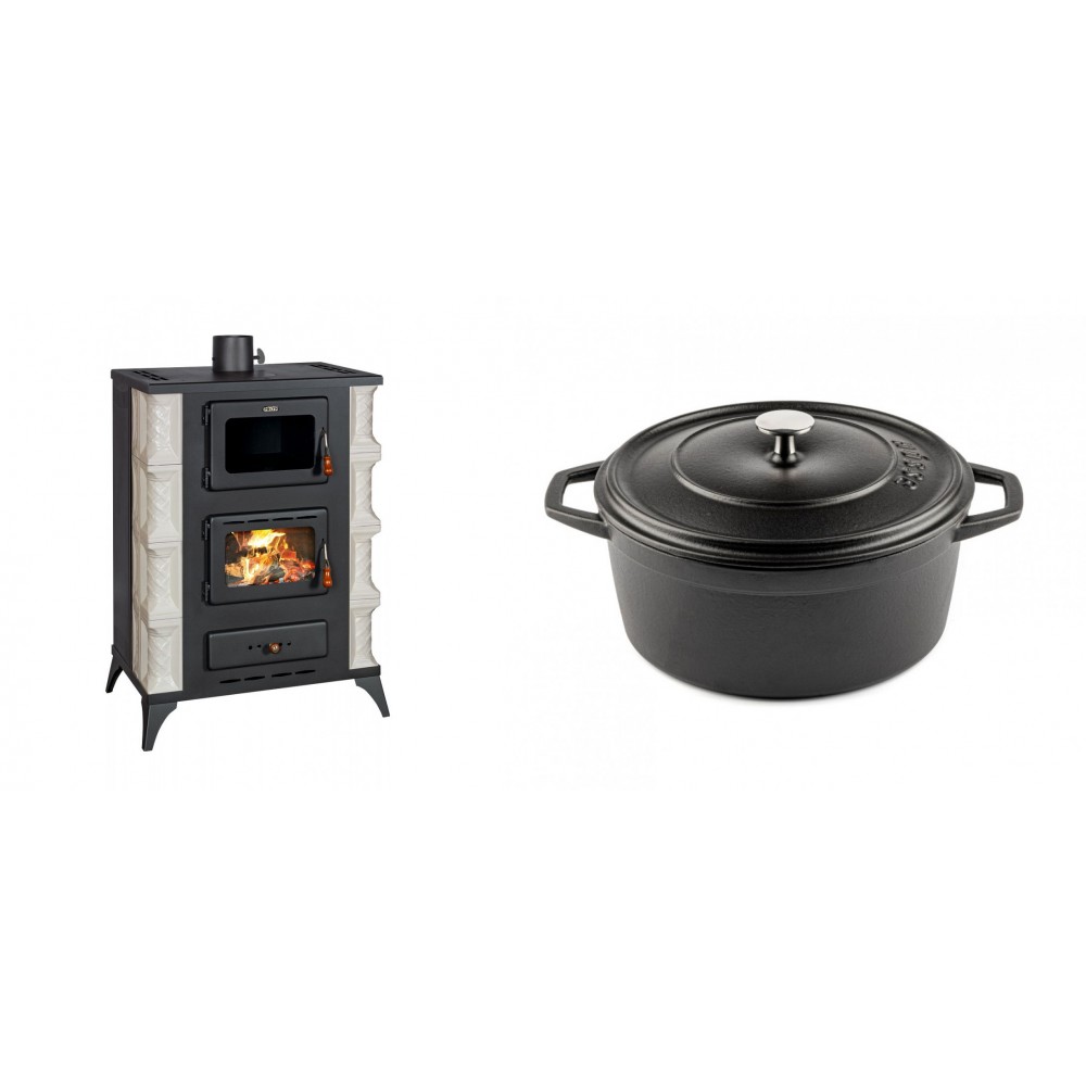 Set Kaminofen, Holzofen mit Backfach Prity, Modell F RK, 12kW + Gusseisen Topf Tiefer Solagio, Black Onyx, Ф24