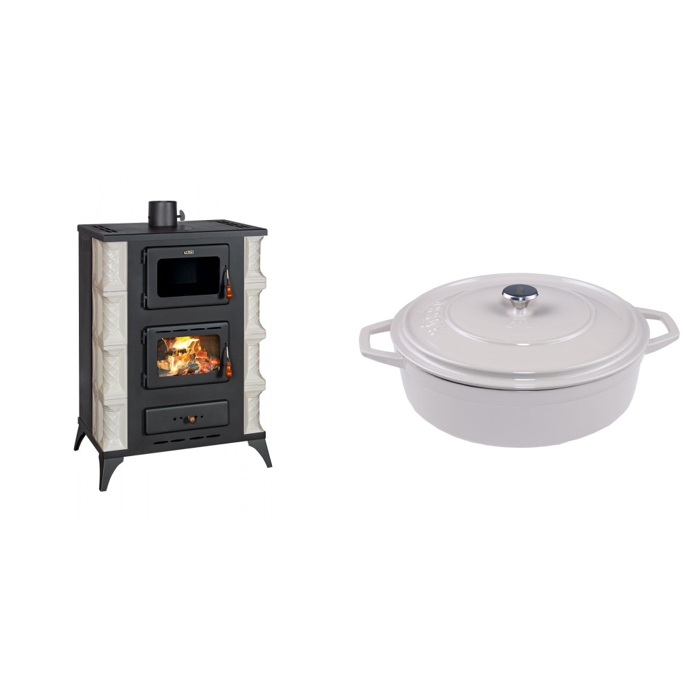 Set Kaminofen, Holzofen mit Backfach Prity, Modell F RK, 12kW + Gusseisen Topf Flach Solagio, Ivory, Ф28 | Holzofen | Kaminofen |