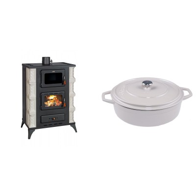Set Kaminofen, Holzofen mit Backfach Prity, Modell F RK, 12kW + Gusseisen Topf Flach Solagio, Ivory, Ф28 - Kaminofen - Holzofen mit Backfach
