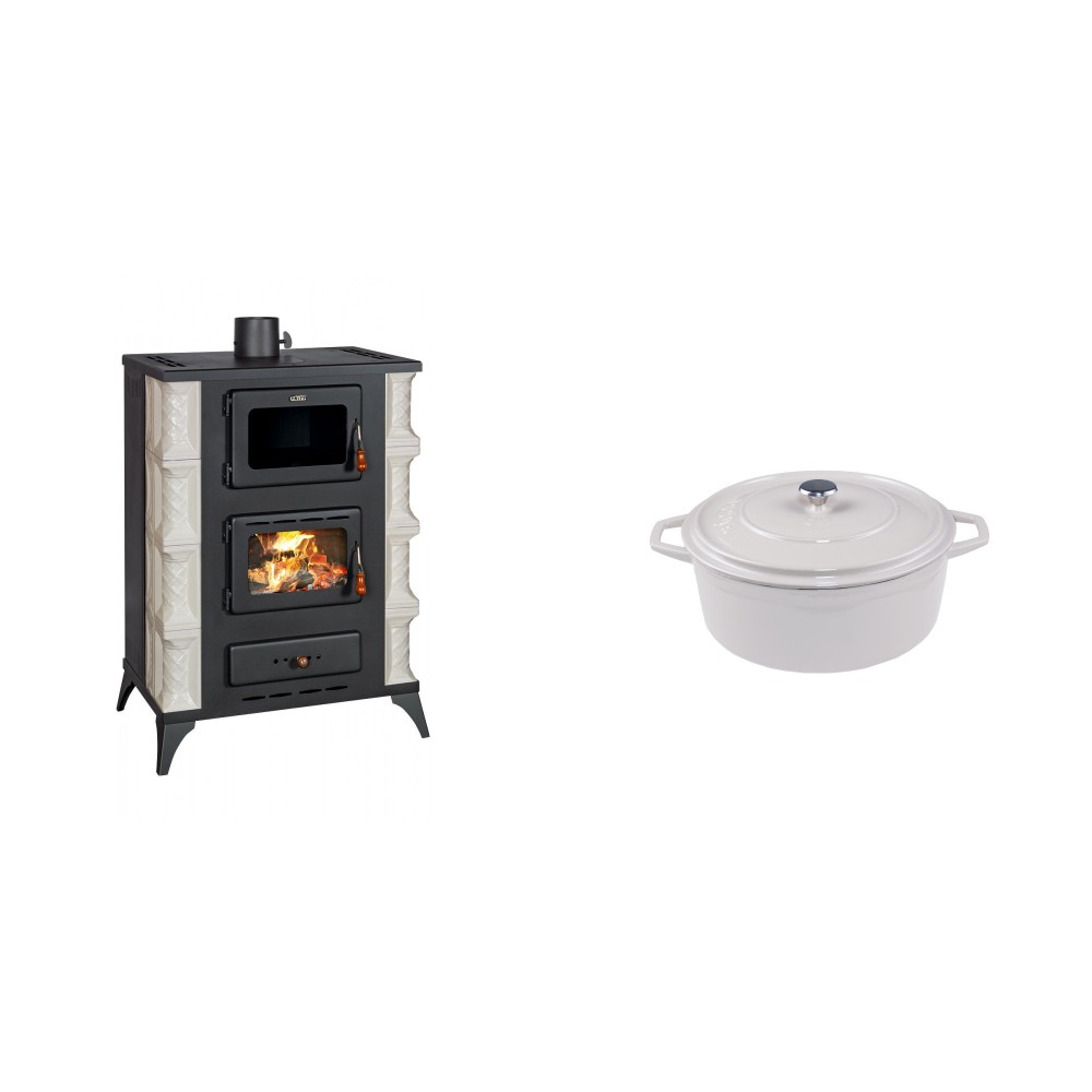 Set Kaminofen, Holzofen mit Backfach Prity, Modell F RK, 12kW + Gusseisen Topf Tiefer Solagio, Ivory, Ф12 | Holzofen | Kaminofen |