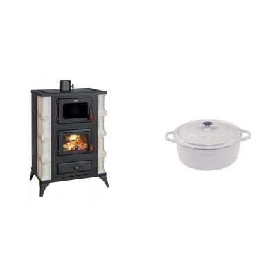 Set Kaminofen, Holzofen mit Backfach Prity, Modell F RK, 12kW + Gusseisen Topf Tiefer Solagio, Ivory, Ф12 - Kaminofen - Holzofen mit Backfach