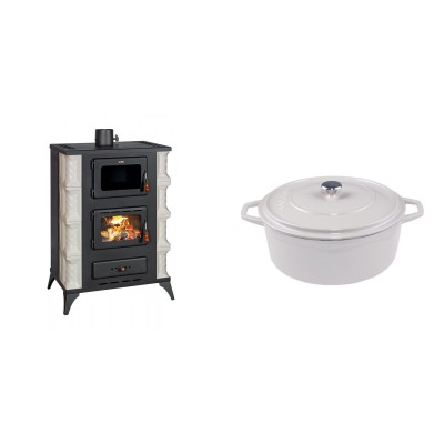 Set Kaminofen, Holzofen mit Backfach Prity, Modell F RK, 12kW + Gusseisen Topf Tiefer Solagio, Ivory, Ф24 - Kaminofen - Holzofen mit Backfach