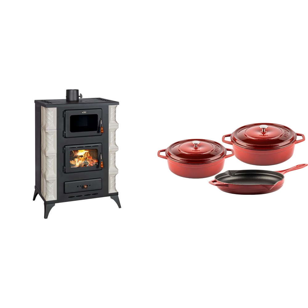 Set Kaminofen, Holzofen mit Backfach Prity, Modell F RK, 12kW + Gusseisen Topf Set aus 3 teilen Solagio, Rubin | Holzofen | Kaminofen |